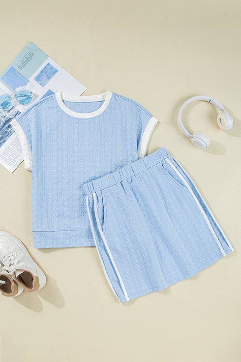 Casual Chic Textured Knit Contrast Trim Crewneck Tee And Pocketed Skirt Set
